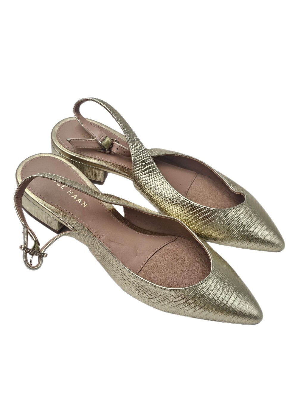 Cole Haan Mazie Slingback Low Block Heel Pumps Gold Lizard Leather Womens 6B NWO